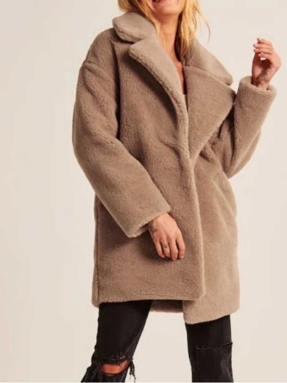 Abercrombie & Fitch Taupe Teddy Coat - Plush Faux Fur Jacket